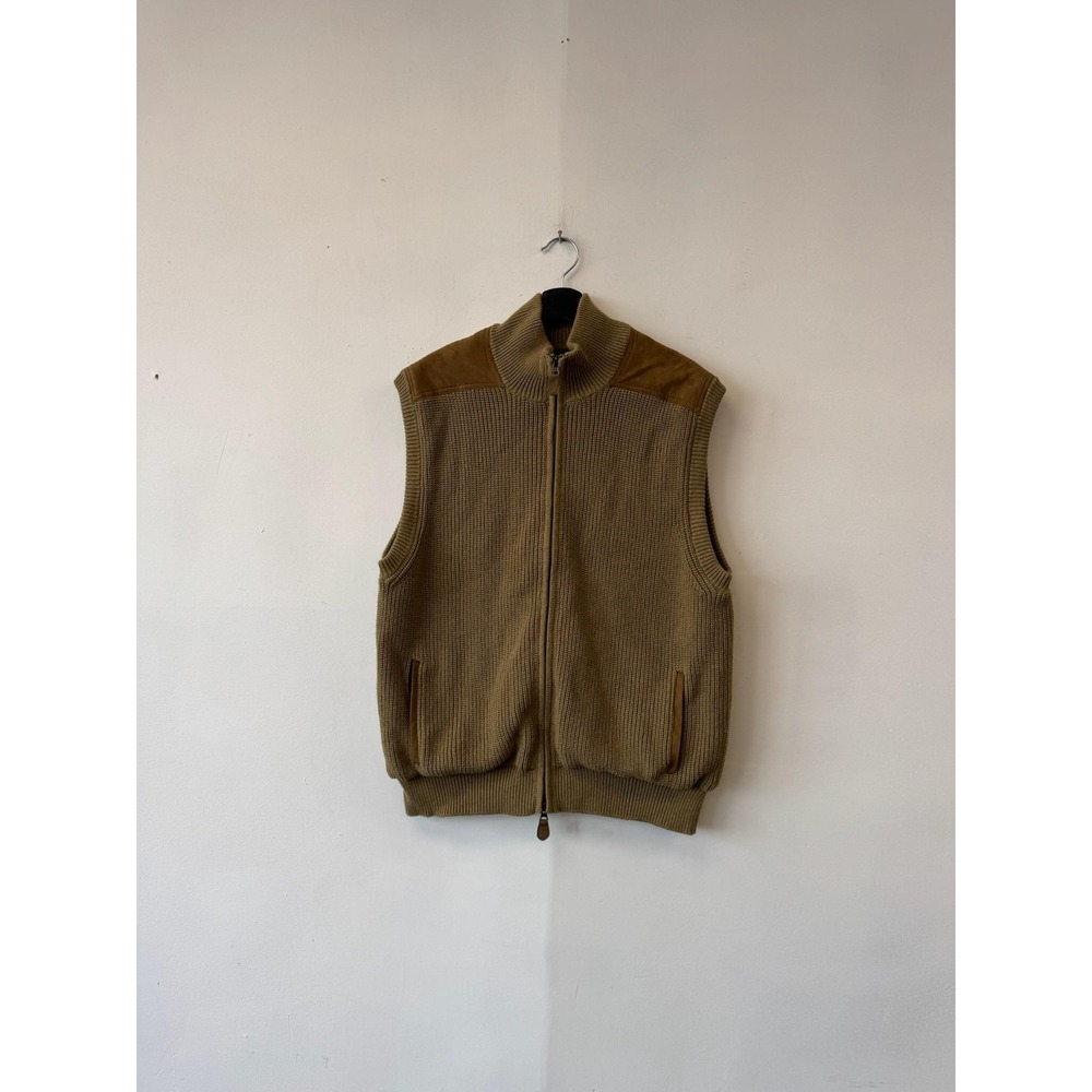 Orvis Sweater Vest Mens Large Brown Cotton Knit Full Zip Mock Neck Lined